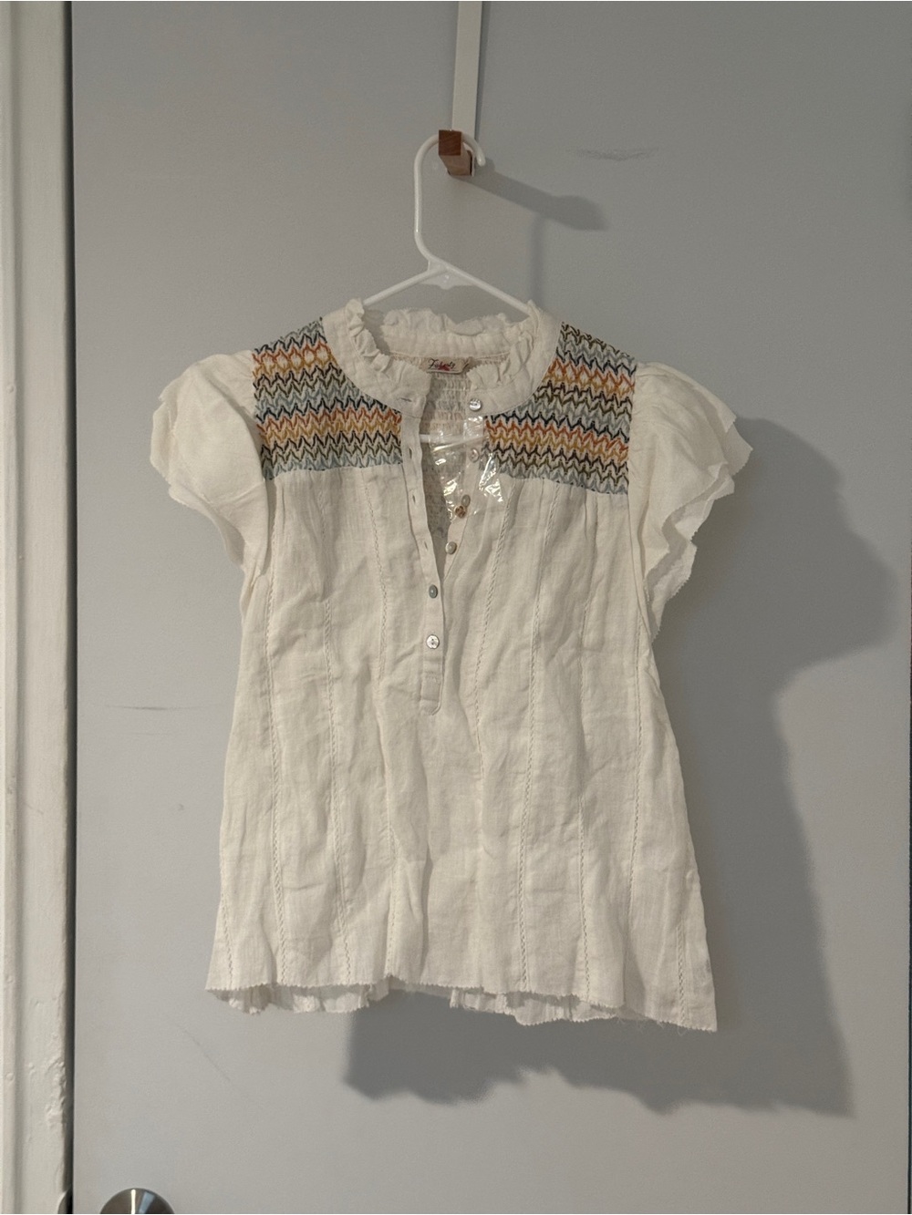 Faherty Ivory Embroidered Linen Top Sz S Boho Ruffle